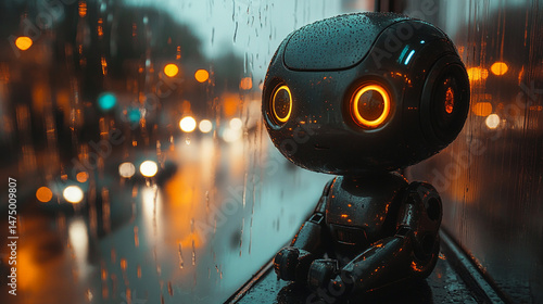 Robot gazing at rainy city traffic through window