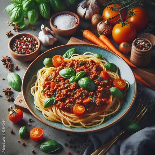 delicious italian spaghetti bolognese with minced beef sauce, tomatoes, carrots & fresh basil.