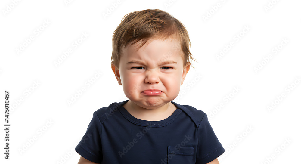 Sad baby portrait close up with grumpy face expression on white background studio shot for emotion concept Sad baby portrait close up with grumpy face expression on white background studio shot for emotion concept