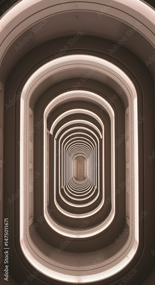 Fototapeta premium Endless architectural hallway modern design interior perspective looping arches light beige tones