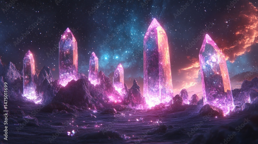 Glowing crystals on alien planet under starry sky. Glowing crystals on alien planet under starry sky.