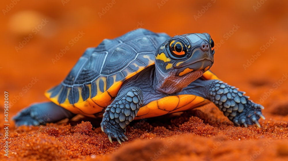 Obraz premium A small turtle with a dark gray shell and bright orange markings on red sand.