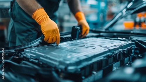 Automotive battery installation workshop step-by-step guide industrial setting close-up view technical process