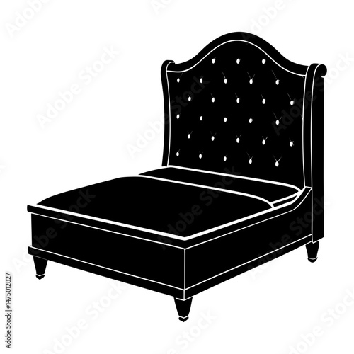 Illustration of a bed with a tufted headboard and a simple frame in a black and white color scheme