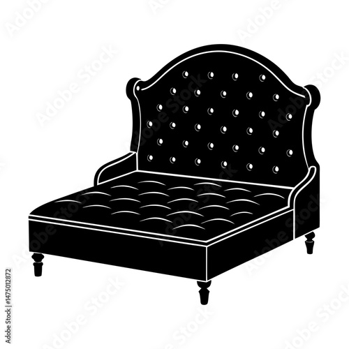 Illustration of a black tufted chaise lounge with a curved headboard and small wooden legs design element