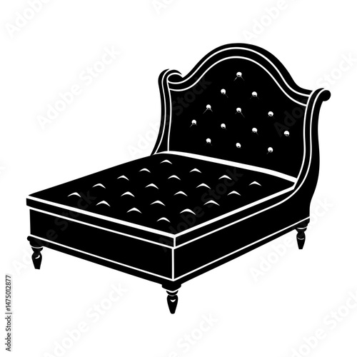 Illustration of a black tufted chaise lounge with an ornate headboard and decorative legs design element