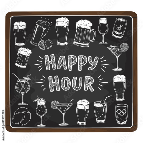 Happy Hour Drinks Collection on Chalkboard Background  