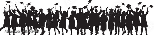 Joyful Graduation Celebration Silhouette: A Group of Happy Young Graduates in Academic Caps and Gowns, Smiling and Celebrating Their Success Outdoors on a University Campus, Holding Diplomas.