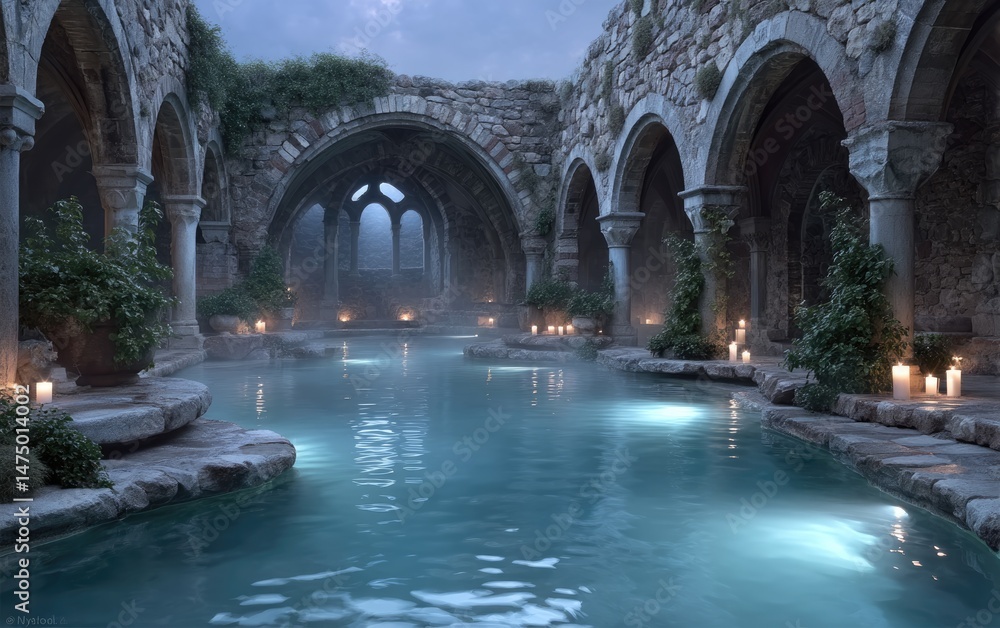 Fototapeta premium A serene bathing area is surrounded by ancient stone arches. Soft candlelight flickers over the still water, creating a peaceful atmosphere perfect for relaxation during the evening