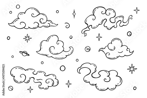 Set of oriental clouds and celestial elements. Hand-drawn Chinese clouds with swirls and curves on white. Vector line art illustration for weather icons, stickers, or whimsical design elements.