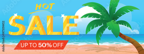 Colourful summer sale beach background with tropical plants. Sandy seashore with coconut palms. Hot sale. Summer vacation. Summer holiday sale promotion concept.