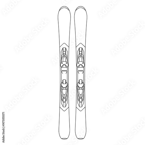 Two symmetrical line art images show ski equipment standing in front view on white