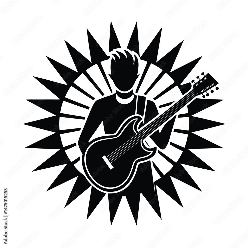 Fototapeta premium Black and white illustration of a musician playing an electric guitar surrounded by radial lines of light