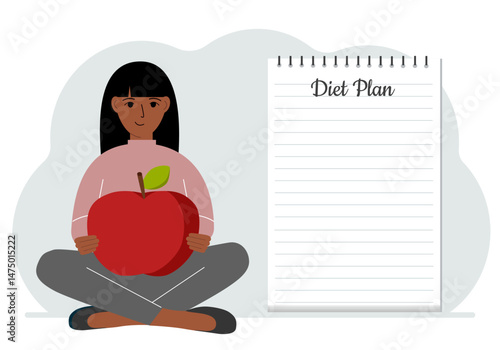 Diet plan illustration. A woman sits cross-legged and holds a large red apple. The concept of diet food, meal planning, nutrition consultation.