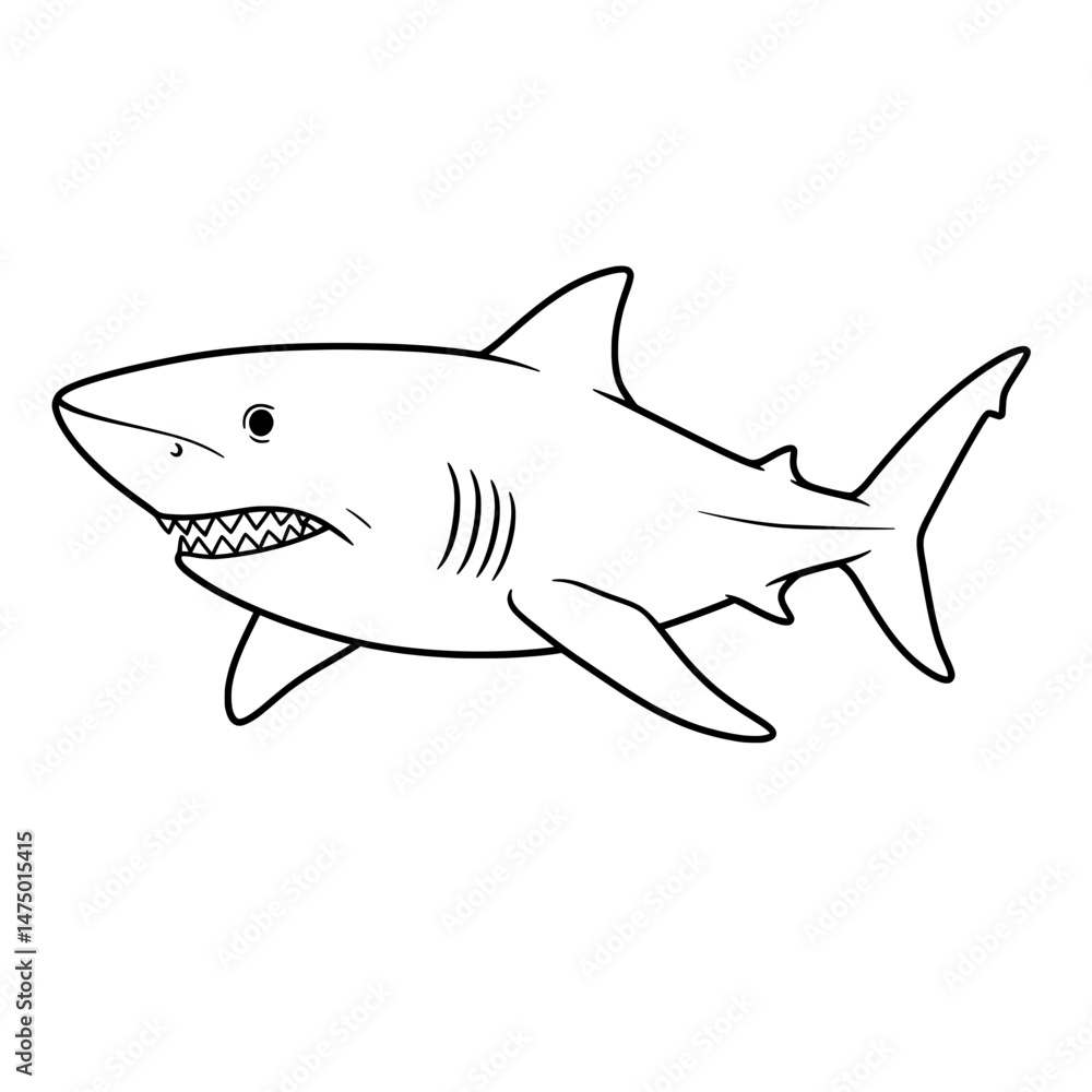Obraz premium Sharky A detailed outline of a fierce shark, showcasing its pointy teeth and dorsal fin