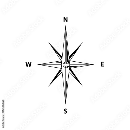 Black compass rose on white shows direction, marked N, E, S, and W. Simple design