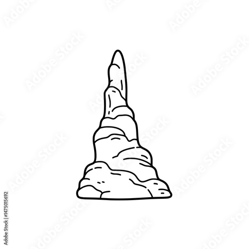 Sharp stalagmite in black outline on a white background, showing geological formations