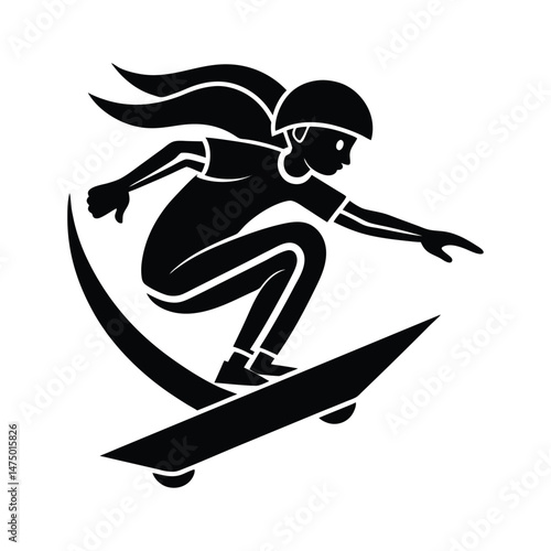 Black and white vector illustration of a skateboarder performing a trick with helmet on and hair flowing