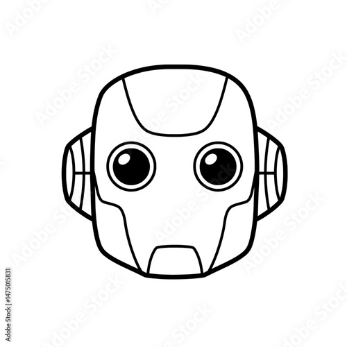 A simplistic black and white image of a cartoon robot's face, eyes wide and head outlined