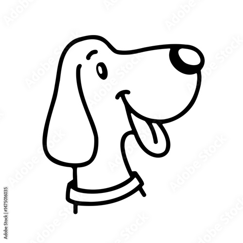 Happy beagle in doodle style. Vector black and white illustration of a cute dog with excited expression. Hand drawn in a cartoonish line art style. Clipart for pet-themed designs, prints, and stickers
