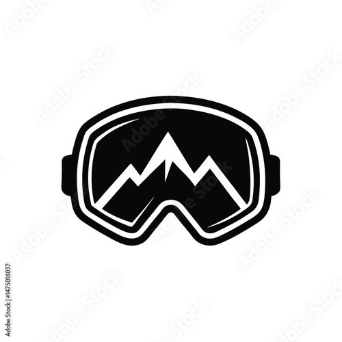 Black and white illustration of ski goggles containing a mountain range for snowboarding and winter sports.