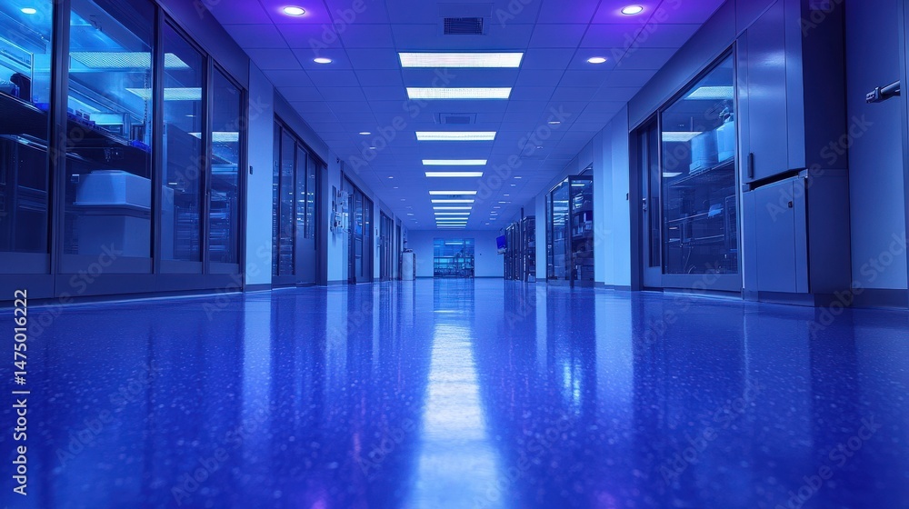 Futuristic corridor with blue lighting and glossy floor Futuristic corridor with blue lighting and glossy floor