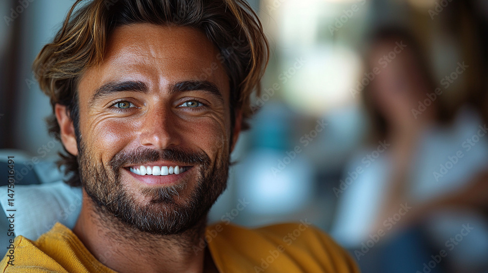 Obraz premium Man smiles indoors, woman blurred in background