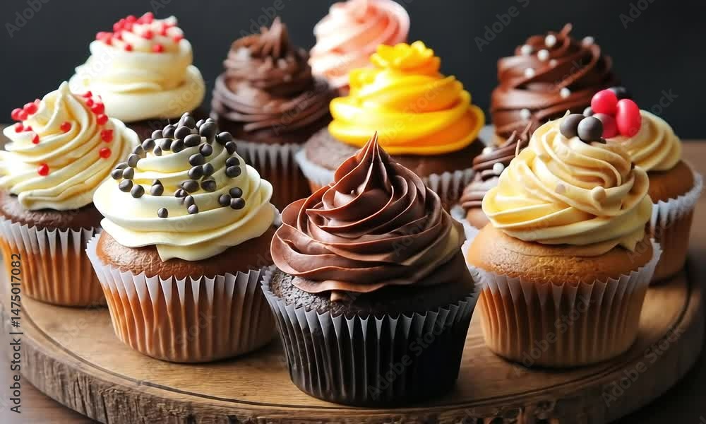 Assorted Cupcakes on a Wooden Board