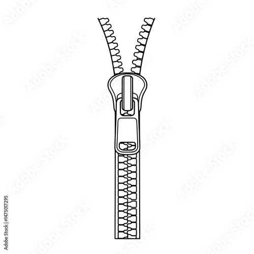 Open zipper outline in black, the zip shows the interlocking teeth on white background