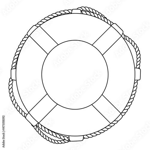 A life preserver with a rope, outlined,  in a white background, four bars inside