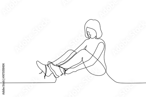 woman sitting on floor tying shoelaces - one line art vector. concept problems with tying shoelaces, diseases apraxia or dyspraxia