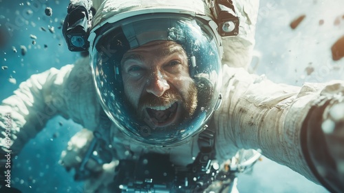 Capturing the raw emotion of an astronaut in space, this image depicts the thrill of exploration amidst the backdrop of a starry universe and floating debris around them.