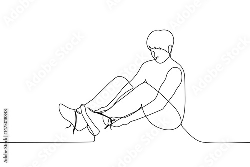 man sitting on the floor tying shoelaces - one line art vector. concept of shoelace tying problems, apraxia or dyspraxia disorders