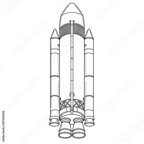 Spacecraft in lineart details a vertically arranged booster and main module for exploration