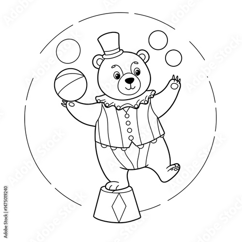Juggling Bear A whimsical outline of a circus bear juggling balls in a classic ring setting