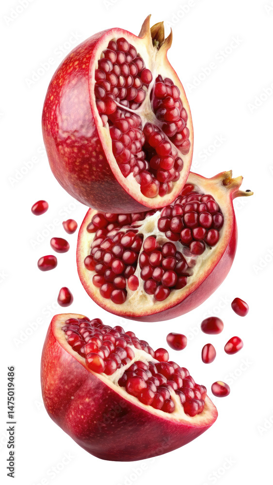 Flying Pomegranate Half Slices with Transparent Background Flying Pomegranate Half Slices with Transparent Background