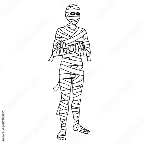 Mummy wrapped in bandages, arms crossed, simple black and white line drawing