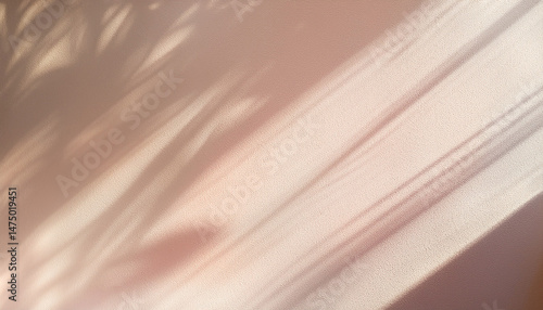 light and shadow pink beige pastel abstract background natural leaves shadows and sunshine diagonal refraction on white wall texture shadow overlay effect foliage mockup banner graphic layout