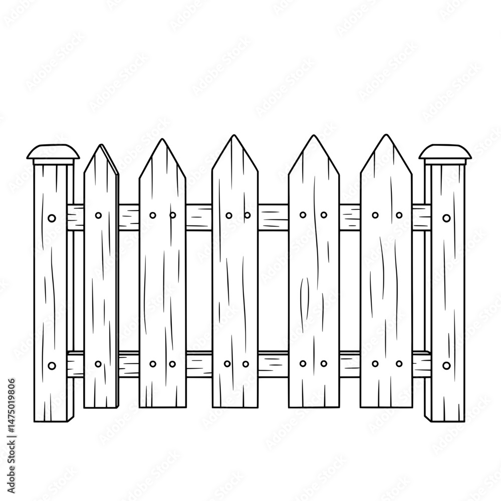 A picket fence illustration with pointed fence sections, and texture lines on wood A picket fence illustration with pointed fence sections, and texture lines on wood