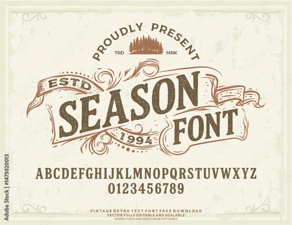 Obraz premium OUTSIDE FONT VINTAGE RETRO SERIF SCRIPT FONT TYPOGRAPHY LETTERING OUTDOOR ADVENTURE ALPHABET 