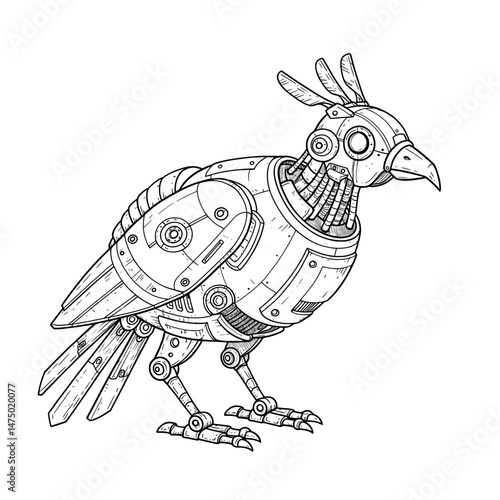 Robotic Bird Steampunk-style drawing of a bird with a mechanical body and feathered crest