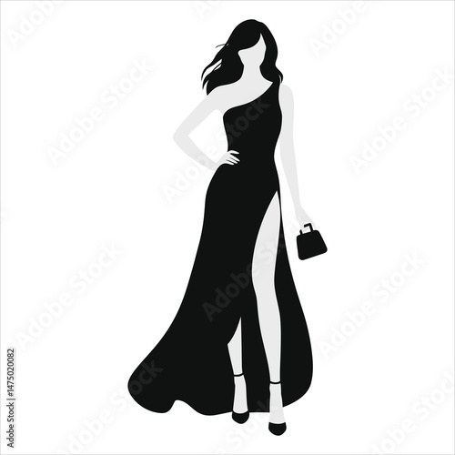 Elegant Woman in a  One-shoulder Dress Vector Silhouette/A stylish silhouette of a woman in a long, black, one-shoulder gown with a high leg slit.