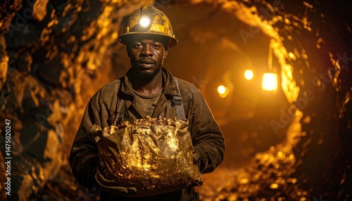 Gold Miner in Underground Tunnel Holding Ore