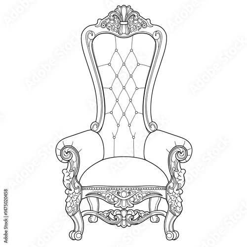 Intricate outline of a high backed button-tufted chair with scrolled armrests and ornamental top