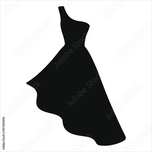 Elegant Black One-Shoulder Gown Vector Silhouette/A sophisticated silhouette of a black one-shoulder gown against a plain, light gray background.