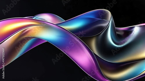 Iridescent, swirling, abstract waves flow across a dark background, resembling liquid metal or colorful ribbons