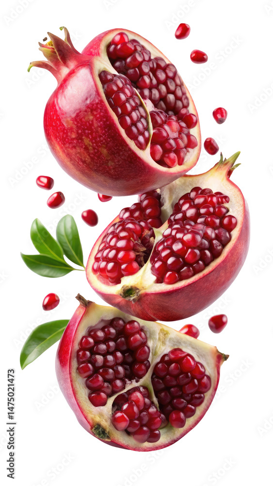 Flying Pomegranate Half Slices with Transparent Background Flying Pomegranate Half Slices with Transparent Background