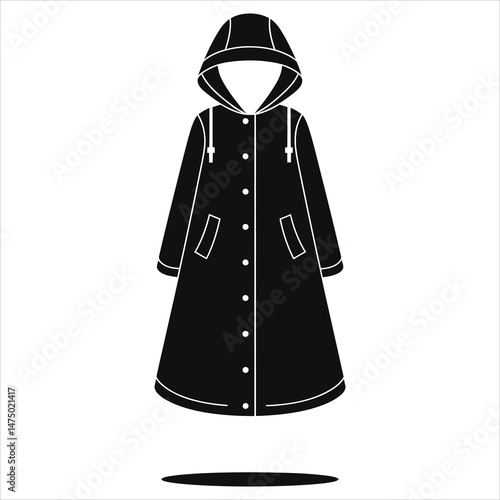 Vector Silhouette of Stylish Black Hooded Jacket Design for Autumn( Raincoat-style dress)/A simple, elegant design of a black hooded jacket, perfect for autumn.