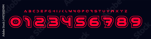 Futuristic display typography, bold techno font, rounded cyber alphabet, modern gaming typeface, sci-fi logo numbers, esports branding style, high-impact digital letters. Vector typeset