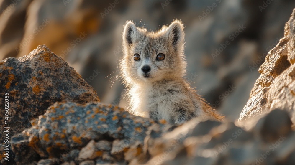 Naklejka premium Arctic fox pup cautiously observes, nestled among rocky terrain in warmth